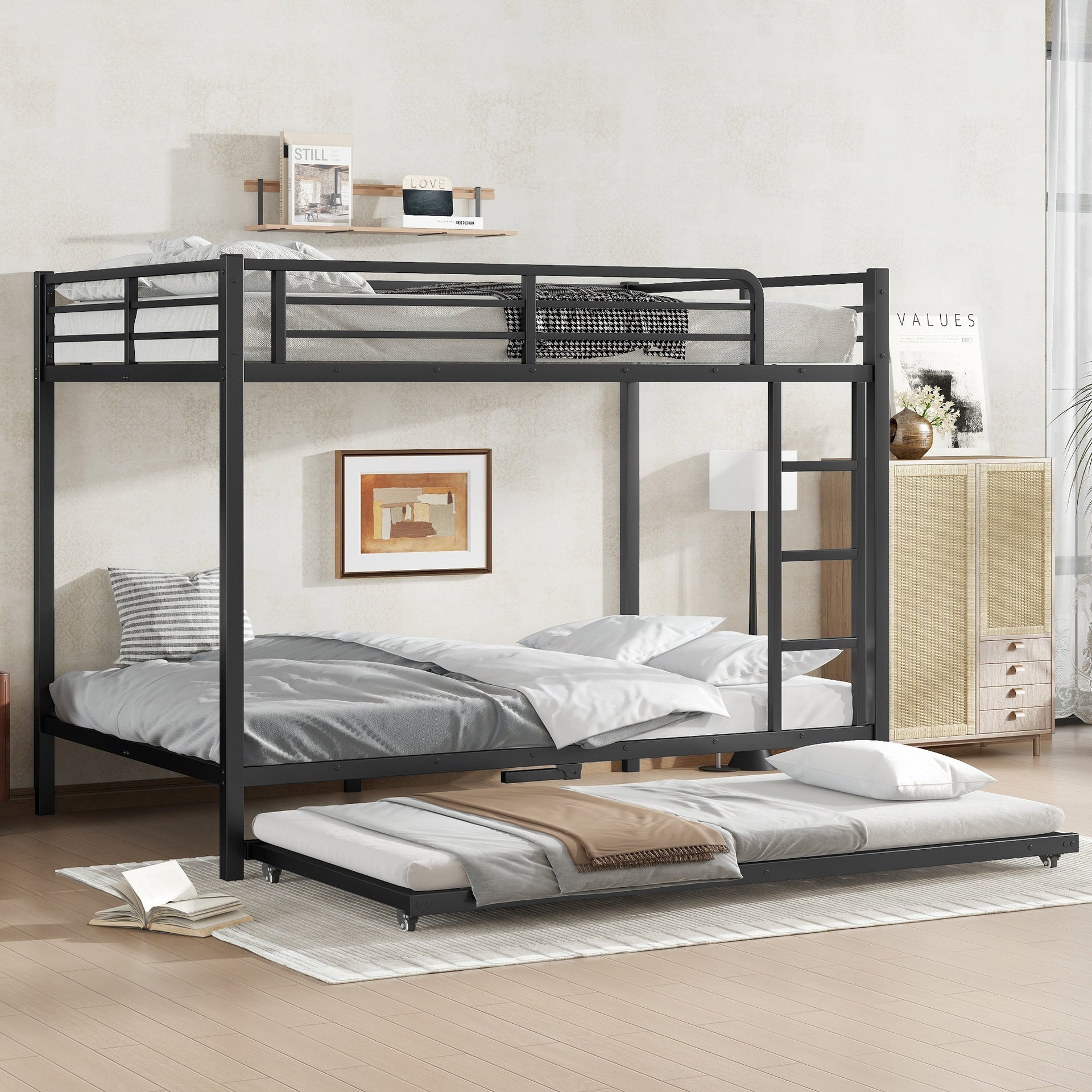 Full over Full Metal Bunk Bed with Twin Size Trundle, Black