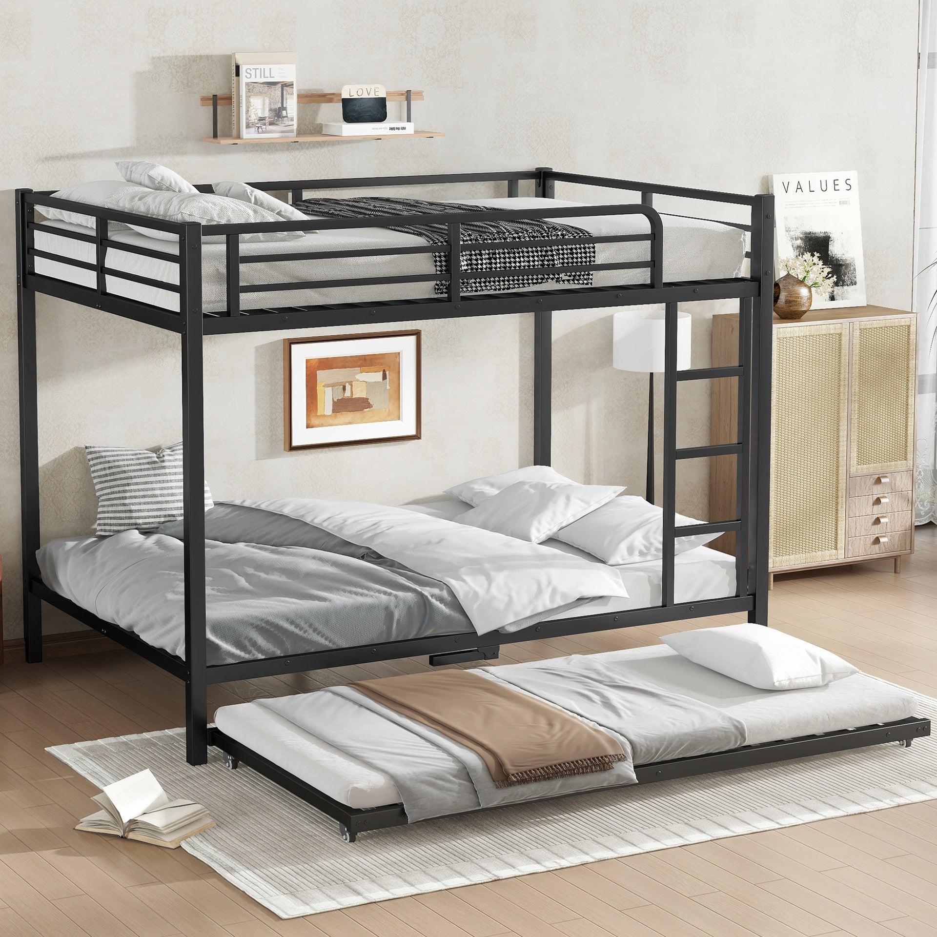 Full over Full Metal Bunk Bed with Twin Size Trundle, Black