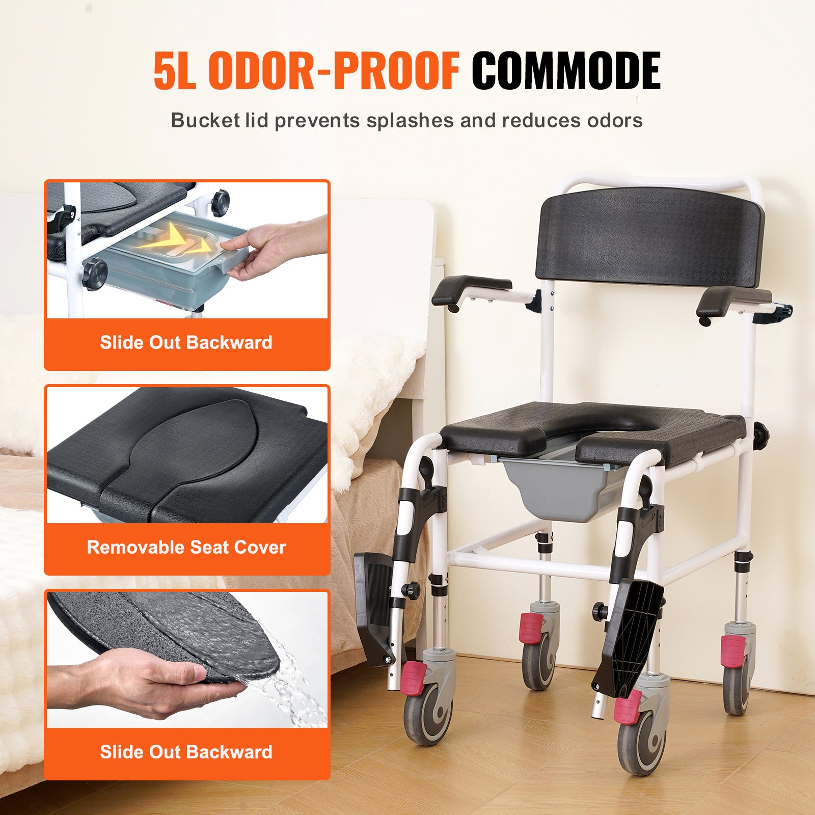 Shower Commode Wheelchair with 4 Lockable Wheels, Footrests, Flip-up Arms, 3-Level Adjustable Height, 5L Removable Bucket, 350 LBS Capacity, Commode Chair for Adults Seniors