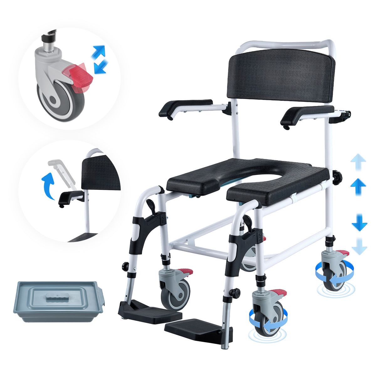 Shower Commode Wheelchair with 4 Lockable Wheels, Footrests, Flip-up Arms, 3-Level Adjustable Height, 5L Removable Bucket, 350 LBS Capacity, Commode Chair for Adults Seniors