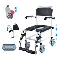 Shower Commode Wheelchair with 4 Lockable Wheels, Footrests, Flip-up Arms, 3-Level Adjustable Height, 5L Removable Bucket, 350 LBS Capacity, Commode Chair for Adults Seniors