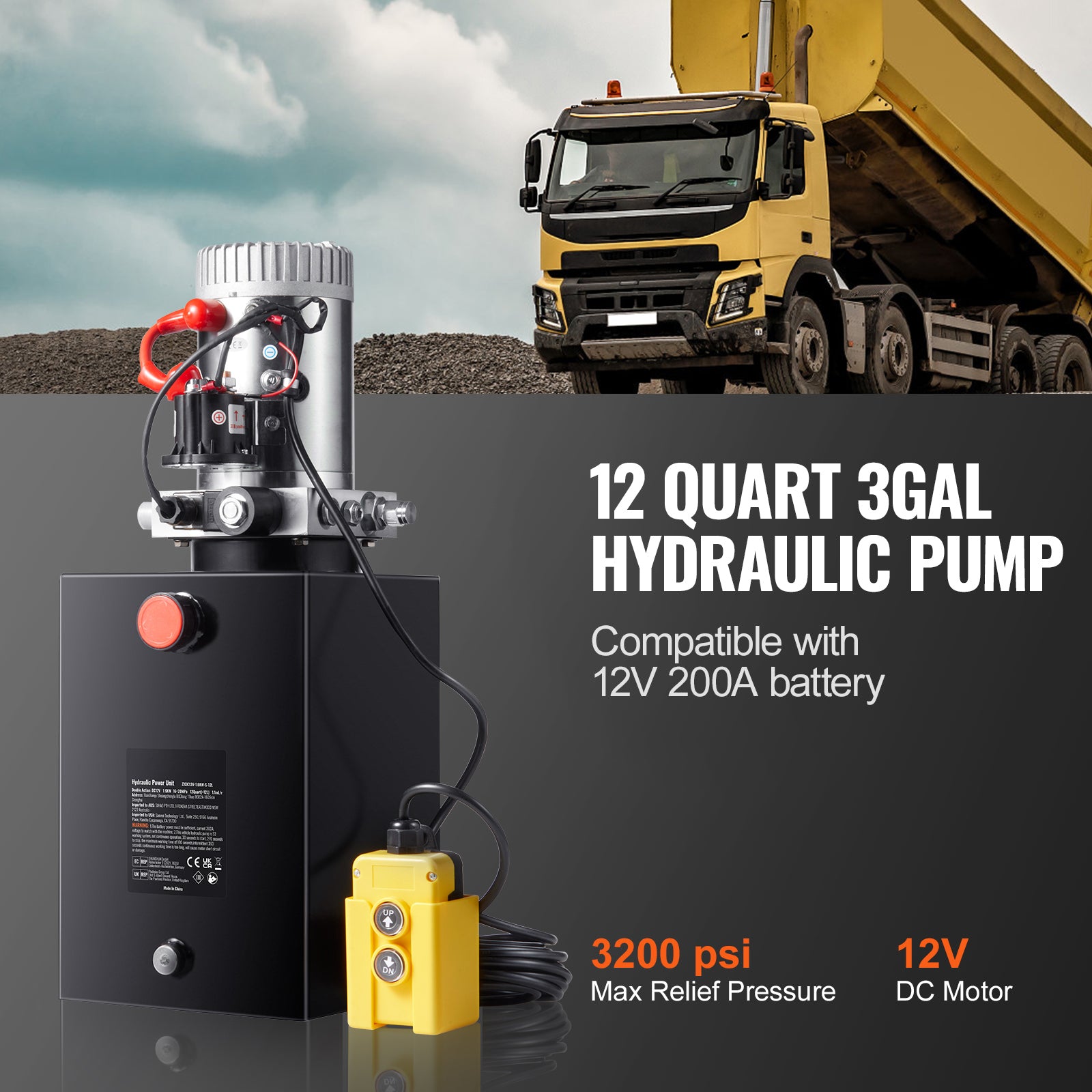 Hydraulic Pump, 12 Quart Hydraulic Power Unit, Single Acting Dump Trailer Pump, 0.91 GPM Flow Rate, 3200 PSI Max Relief Pressure, DC 12V Hydraulic Pump for Dump Trailer Car Lifting