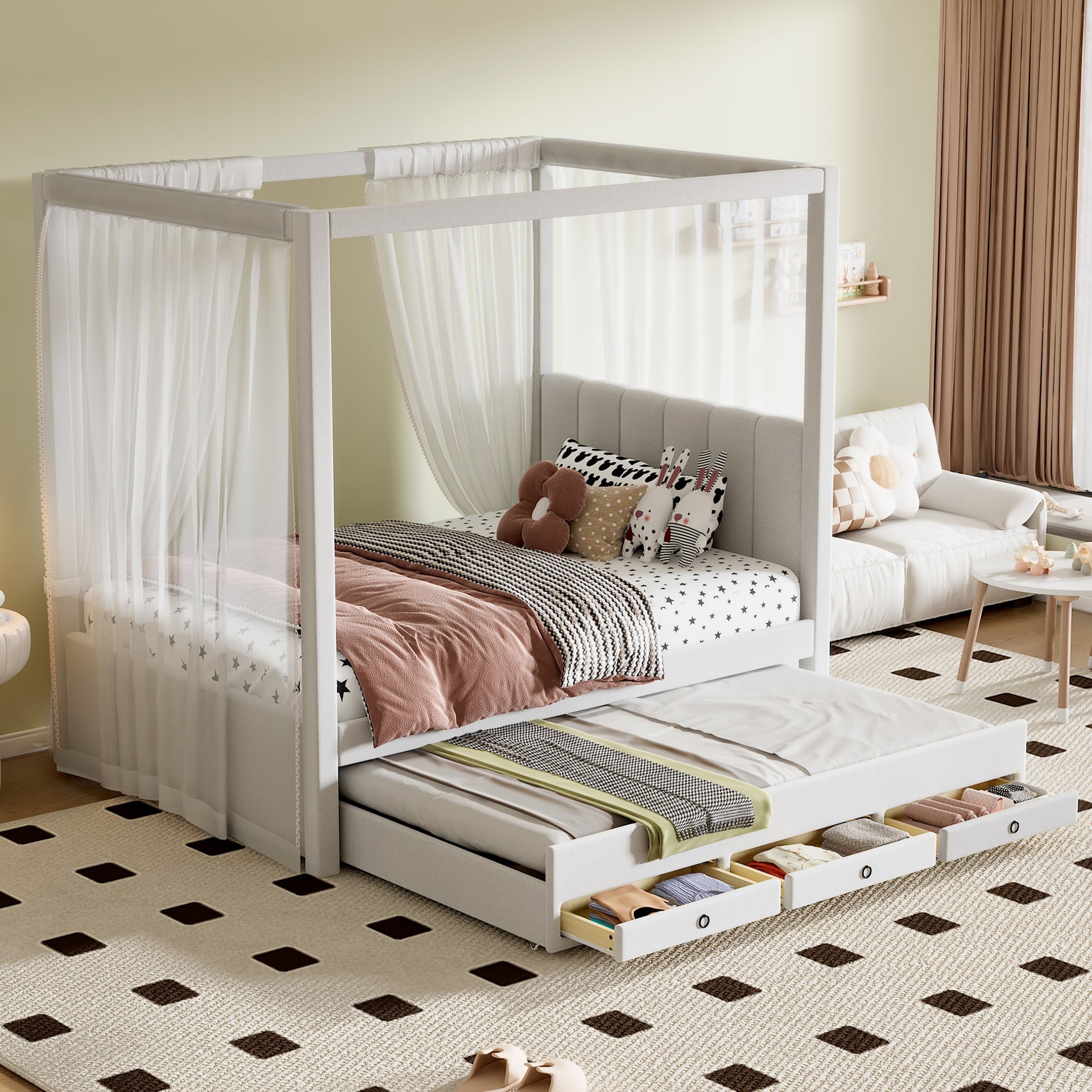Twin Size Upholstery Canopy Platform Bed with Trundle and Three Storage Drawers, Beige