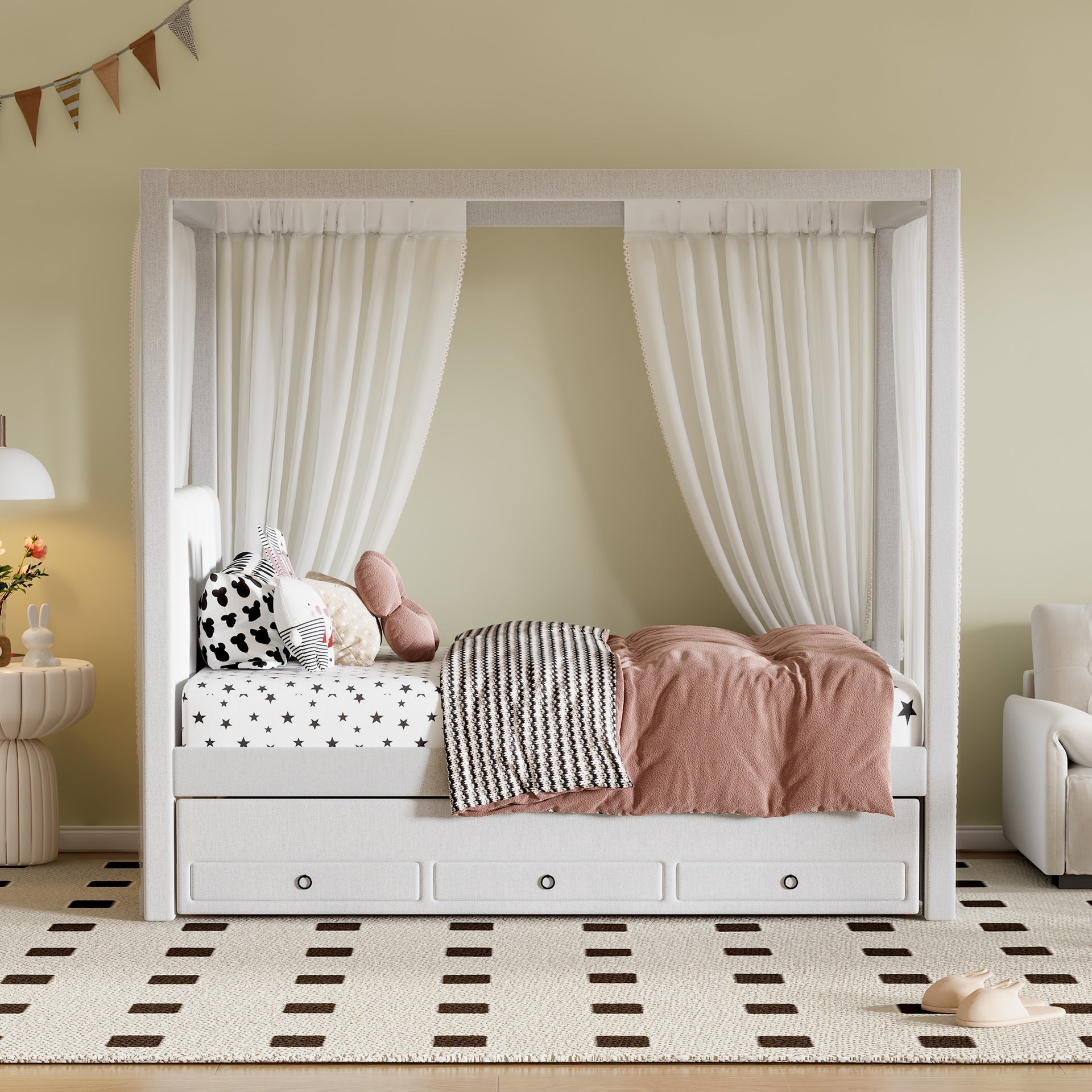 Twin Size Upholstery Canopy Platform Bed with Trundle and Three Storage Drawers, Beige