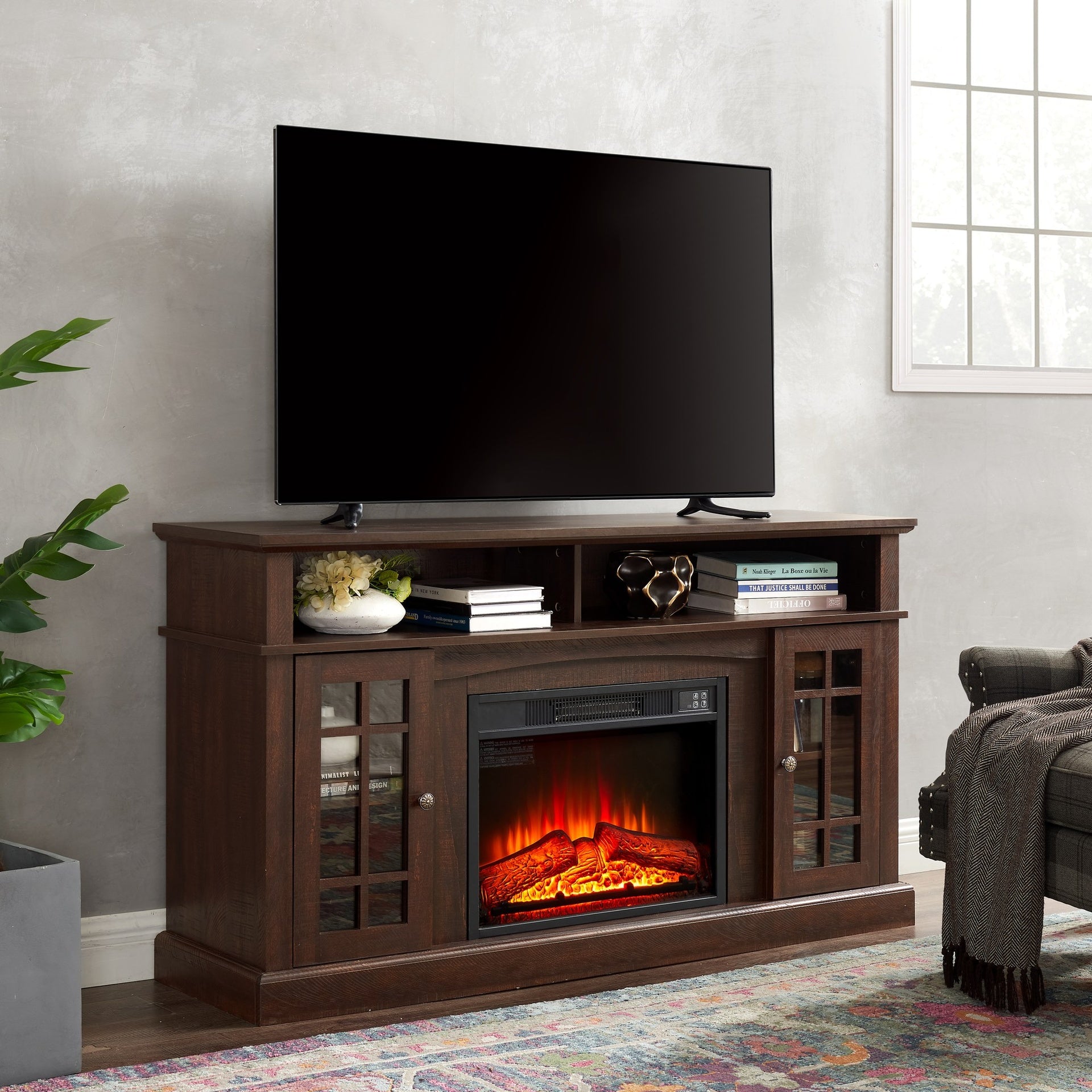 Classic TV Media Stand Modern Entertainment Console with 23" Fireplace Insert for TV Up to 65" with Open and Closed Storage Space, Espresso, 58.25"W*15.75"D*32"H
