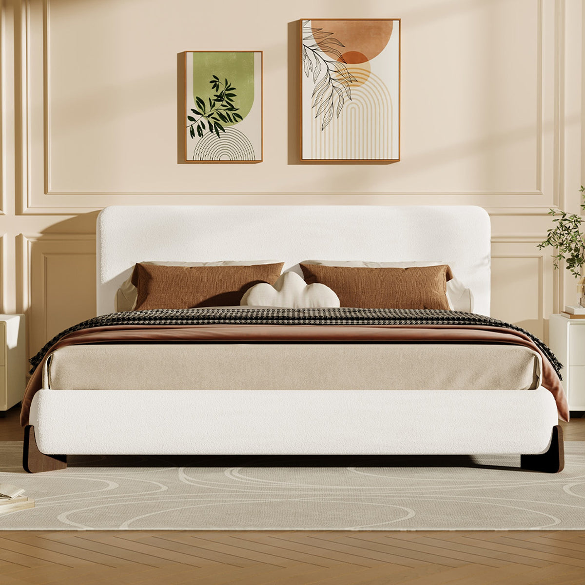 Elegant terry upholstered bed with dark brown solid wood legs, luxurious and comfortable bedroom centerpiece, king size, white