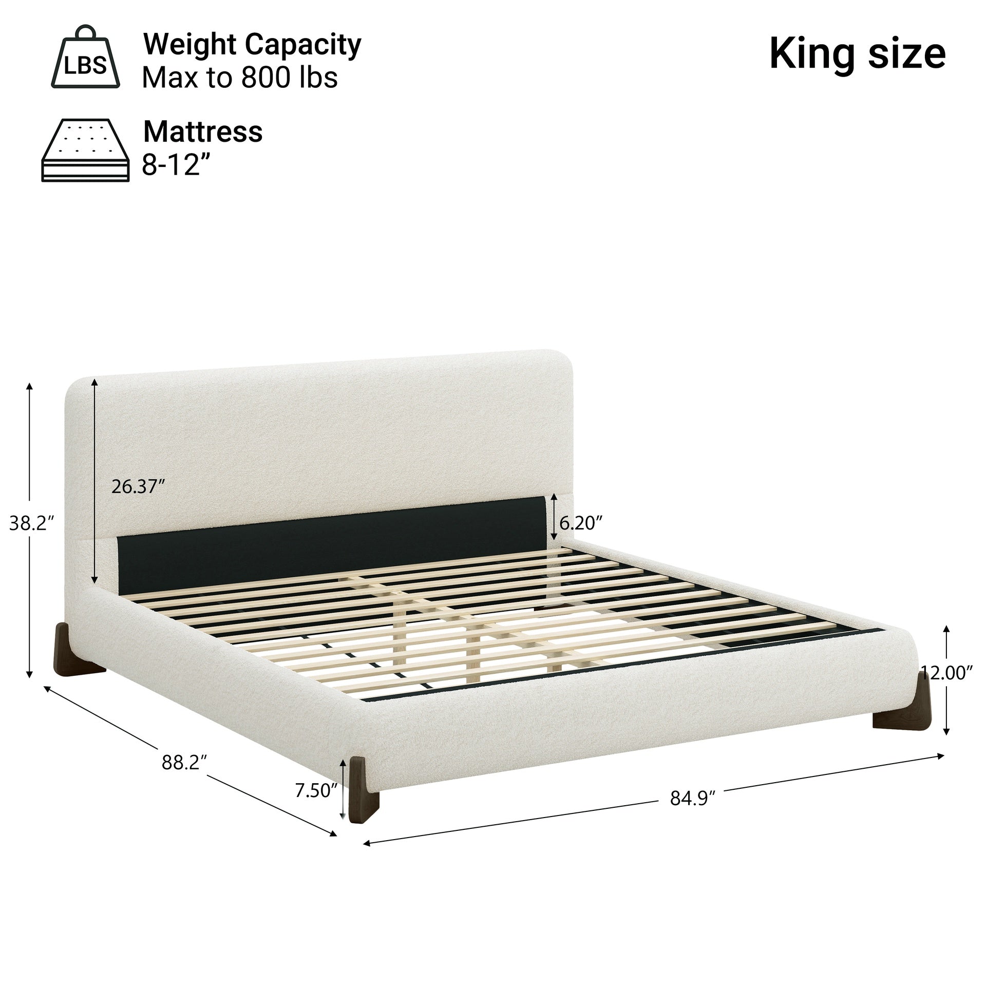 Elegant terry upholstered bed with dark brown solid wood legs, luxurious and comfortable bedroom centerpiece, king size, white