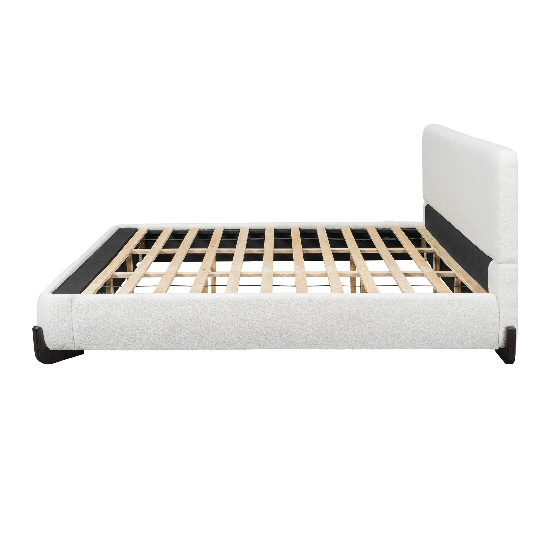 Elegant terry upholstered bed with dark brown solid wood legs, luxurious and comfortable bedroom centerpiece, king size, white