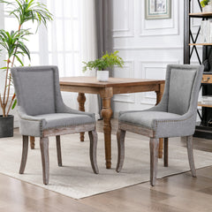A&amp;A Furniture,Ultra Side Dining Chair，Thickened fabric chairs with neutrally toned solid wood legs， Bronze nail head，Set of 2，Gray
