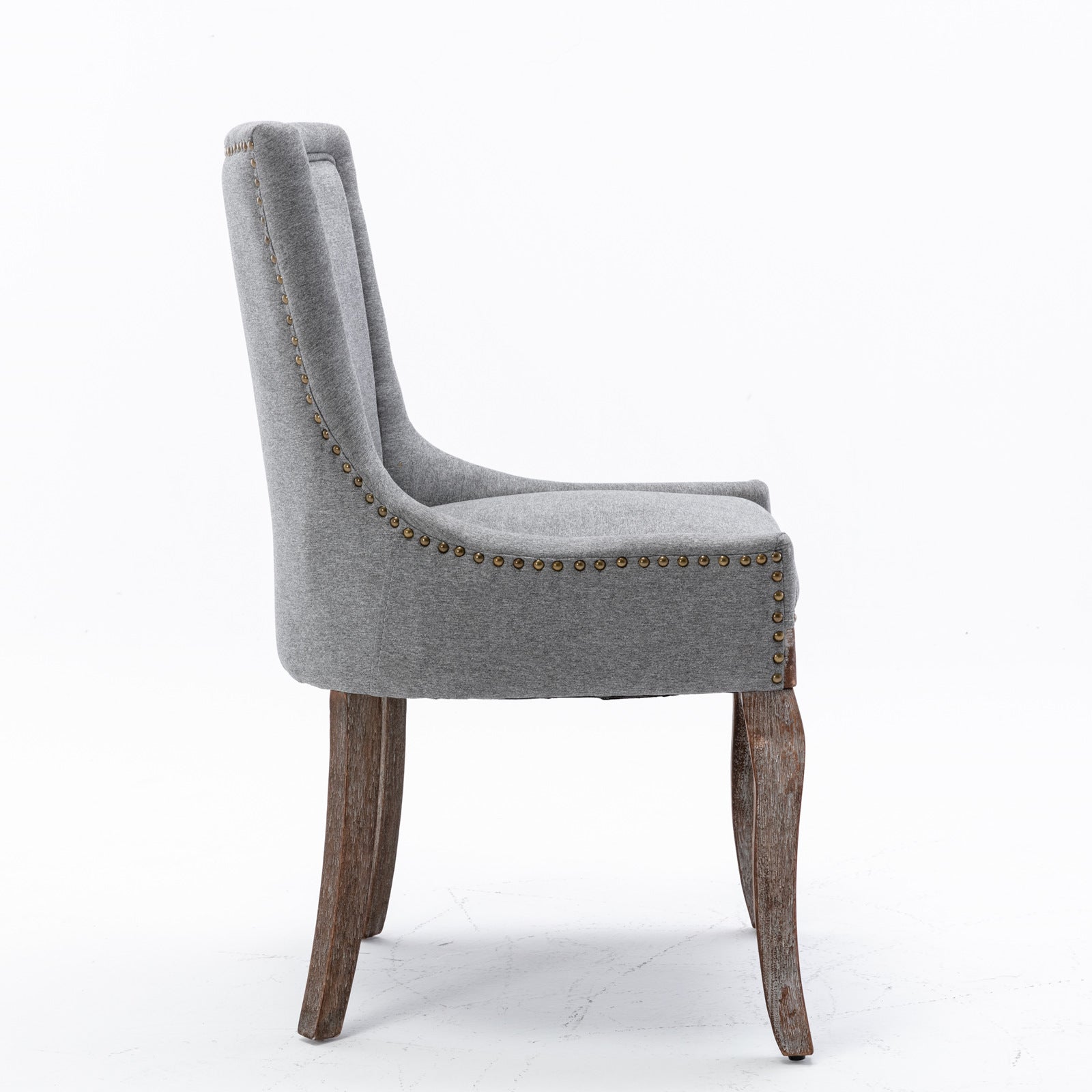 A&amp;A Furniture,Ultra Side Dining Chair，Thickened fabric chairs with neutrally toned solid wood legs， Bronze nail head，Set of 2，Gray