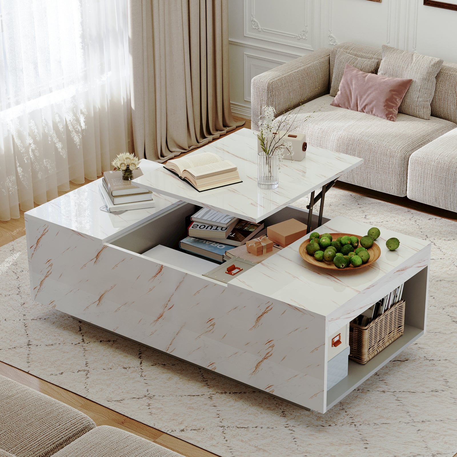 Lift Top Coffee Table with Storage, 24-Color LED Lights, Wireless Charging and Bluetooth Speaker for Living Room, White
