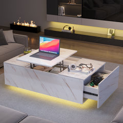 Lift Top Coffee Table with Storage, 24-Color LED Lights, Wireless Charging and Bluetooth Speaker for Living Room, White