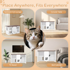 47.25" Large Cat Litter Box Enclosure with LED Light, Hidden Litter Box Furniture, Cat House with Stairs and Cat Scratching Post, Cat Cabinet Side Table with Smart Doors for Living Room, White