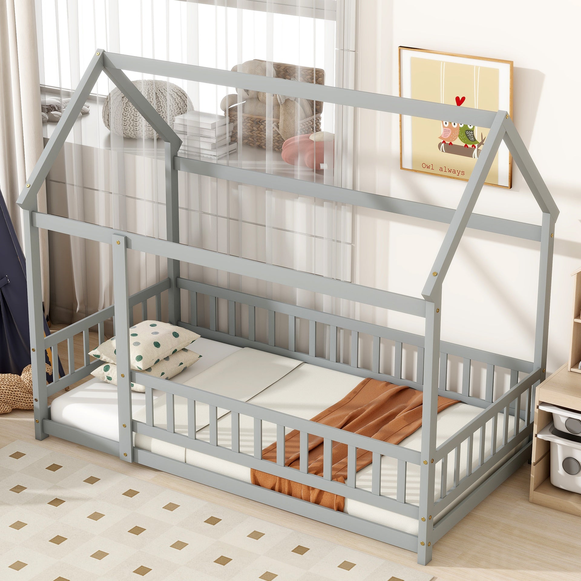 Twin Size House Floor Wooden Bed with Roof Frame,Safety Guardrails,Grey