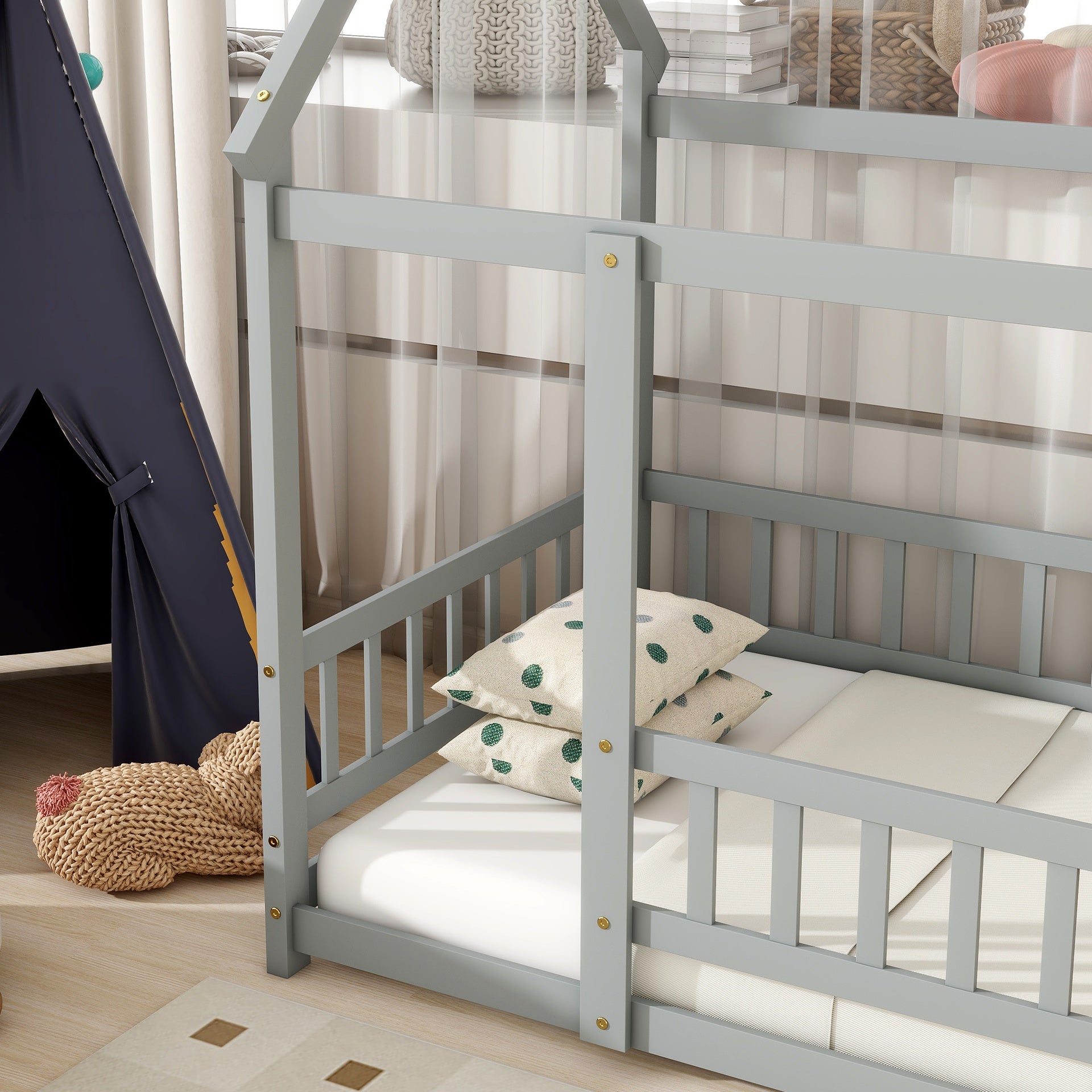 Twin Size House Floor Wooden Bed with Roof Frame,Safety Guardrails,Grey