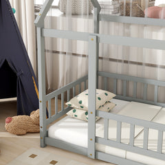 Twin Size House Floor Wooden Bed with Roof Frame,Safety Guardrails,Grey