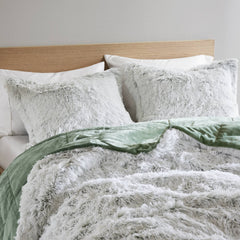 3 PCS Full/Queen Shaggy Faux Fur Comforter Mini Set Green/White