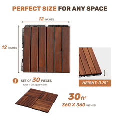 30 PCS Interlocking Deck Tiles Striped Pattern, 12" x 12" Square Acacia Hardwood Outdoor Flooring for Patio, Bancony, Pool Side,...