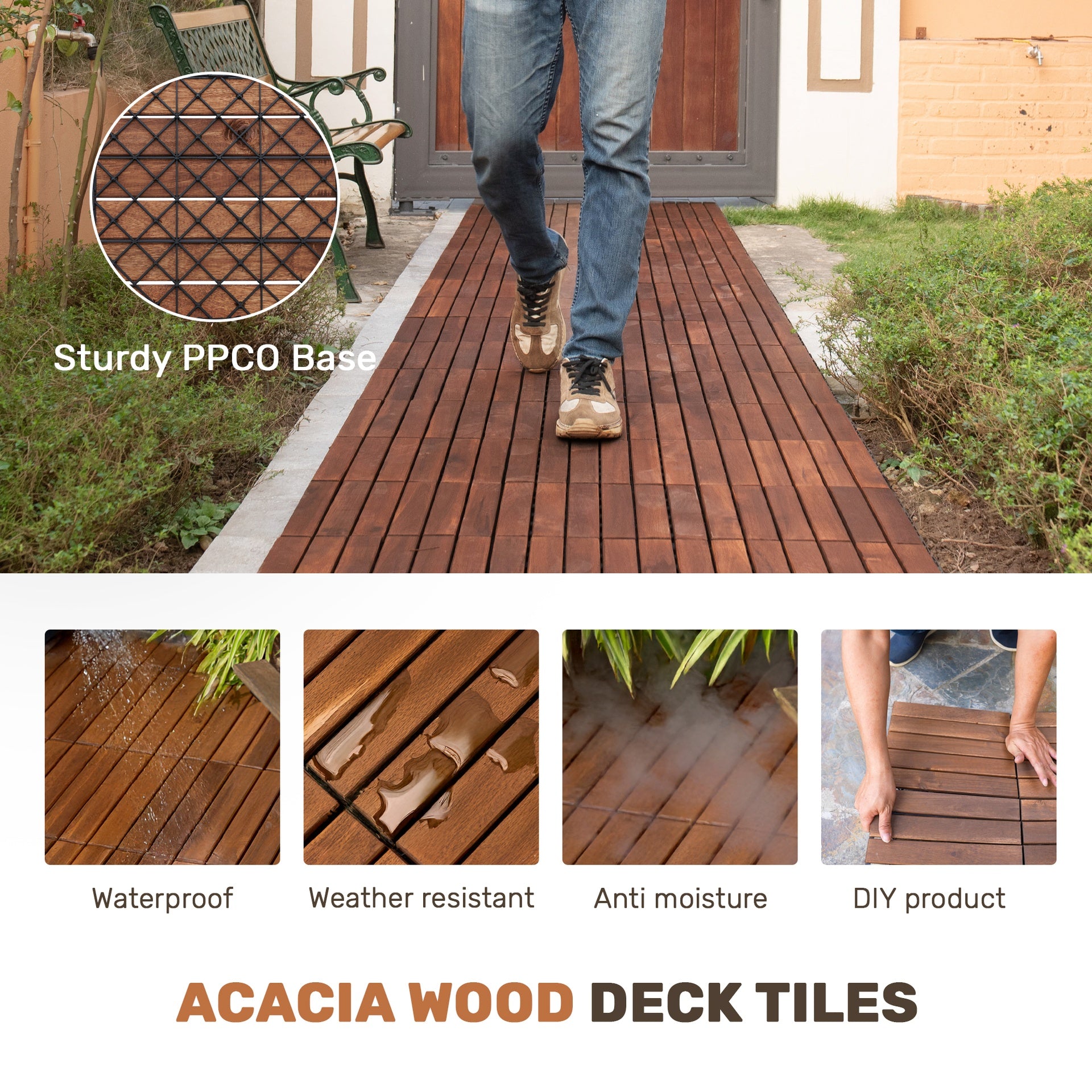 30 PCS Interlocking Deck Tiles Striped Pattern, 12" x 12" Square Acacia Hardwood Outdoor Flooring for Patio, Bancony, Pool Side,...