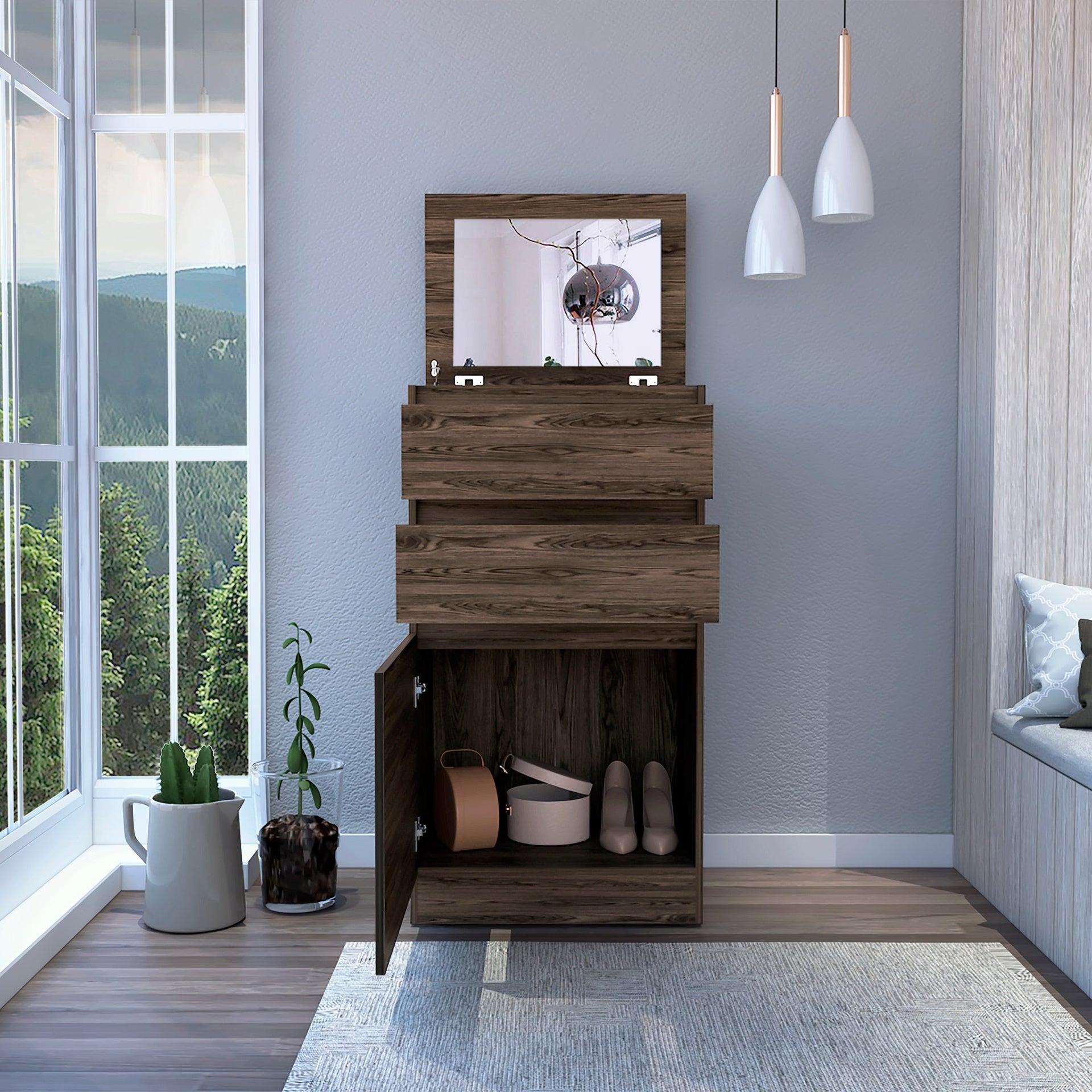 Dresser 43 inchH, Jewelry Box, Mirror, Single Door Cabinet, Two Drawers, Dark Walnut
