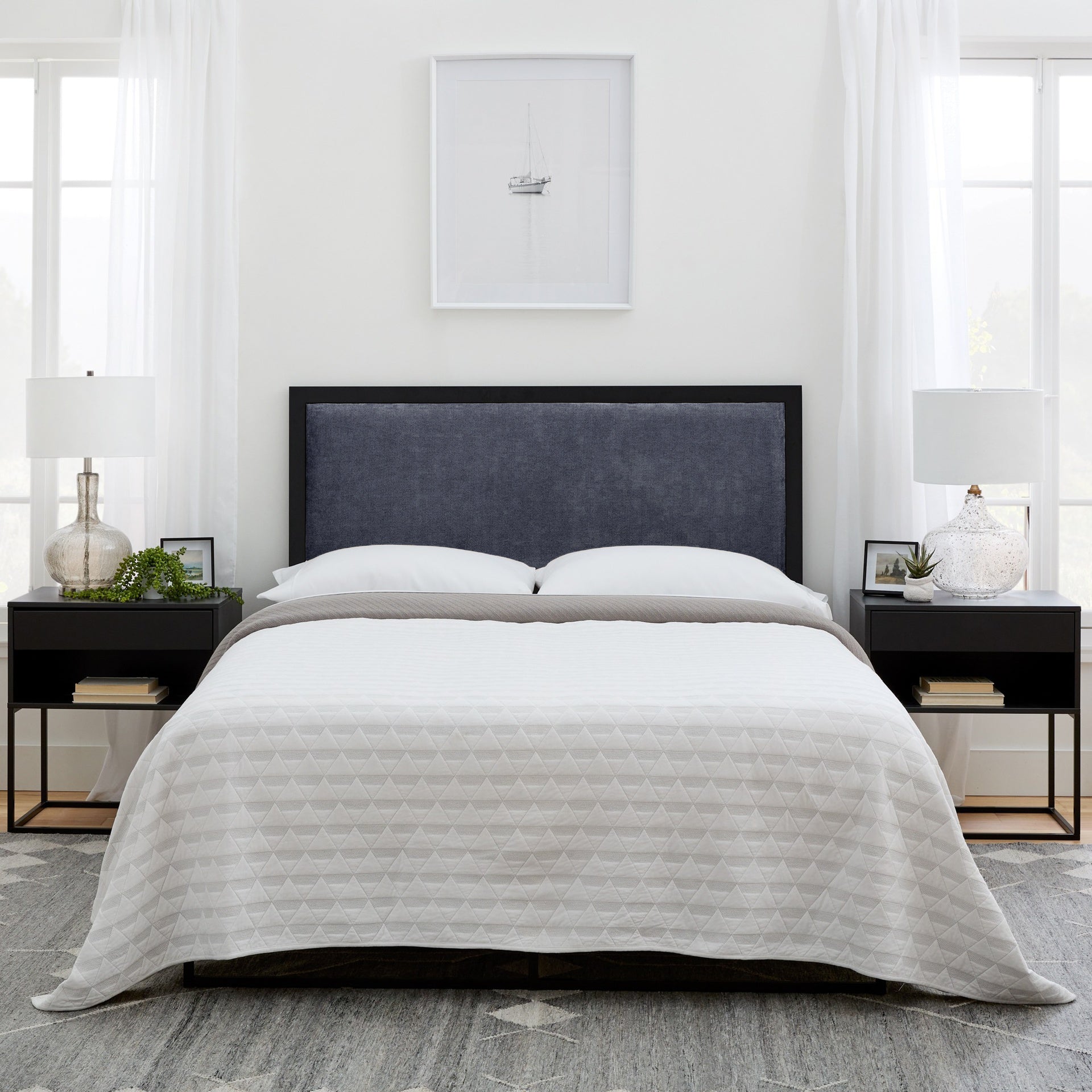 Metal Trim Upholstered Headboard, Queen, Navy