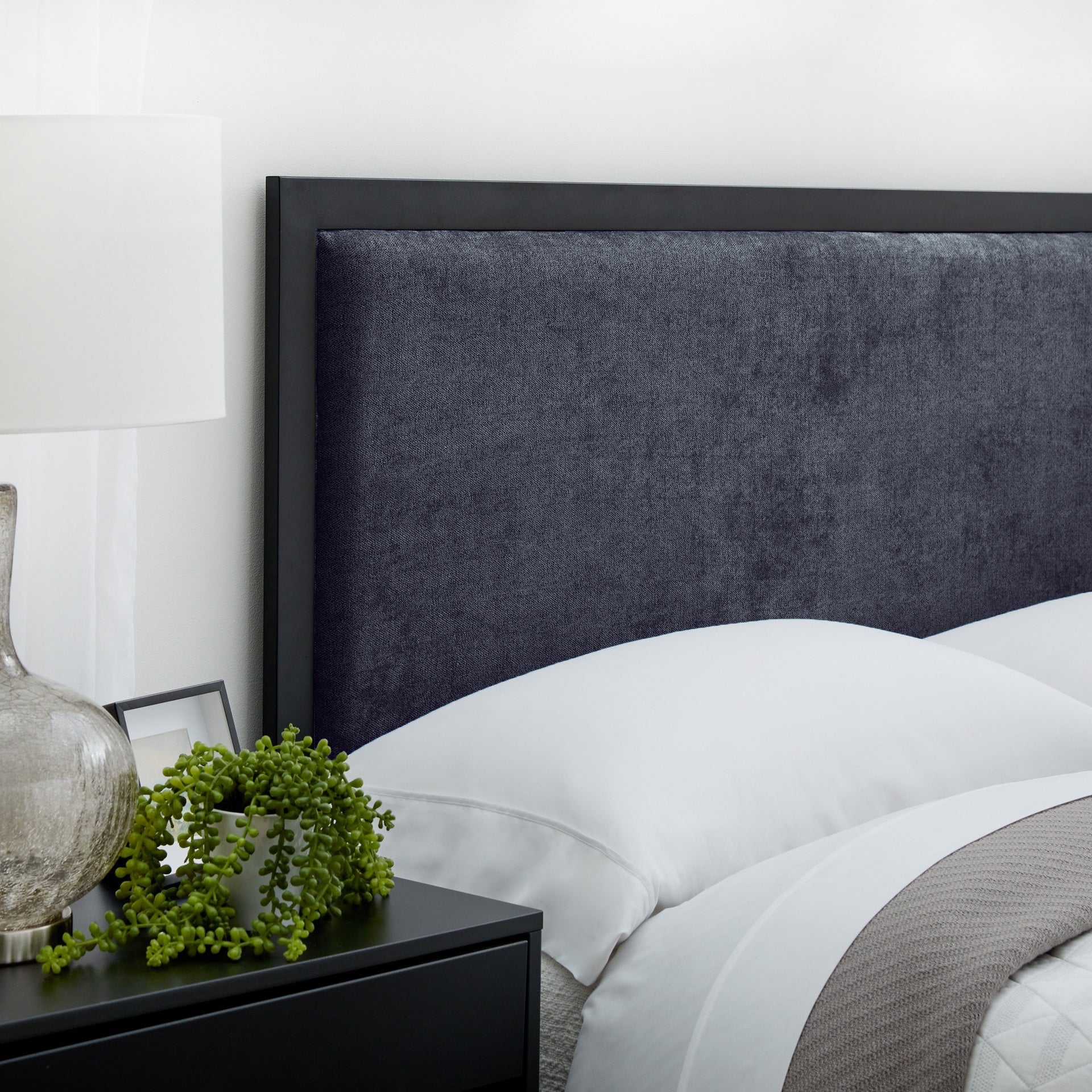 Metal Trim Upholstered Headboard, Queen, Navy