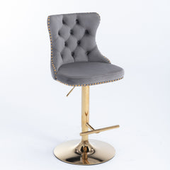 A&amp;A Furniture,Golden Swivel Velvet Barstools Adjusatble Seat Height from 25-33 Inch, Modern Upholstered Bar Stools with Backs Comfortable Tufted for Home Pub and Kitchen Island（Gray,Set of 2）