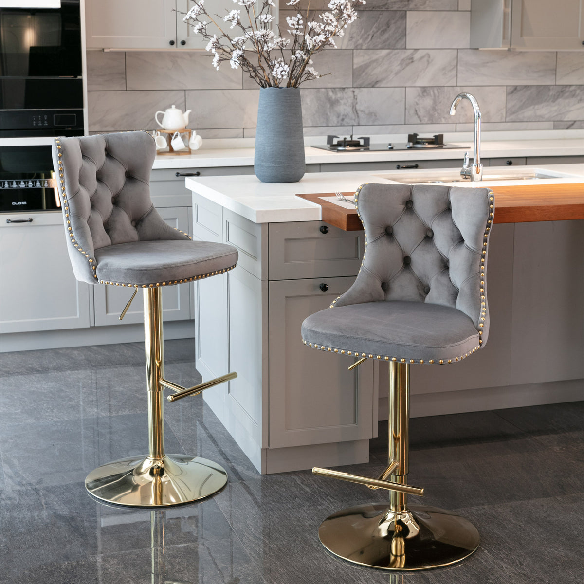 A&amp;A Furniture,Golden Swivel Velvet Barstools Adjusatble Seat Height from 25-33 Inch, Modern Upholstered Bar Stools with Backs Comfortable Tufted for Home Pub and Kitchen Island（Gray,Set of 2）