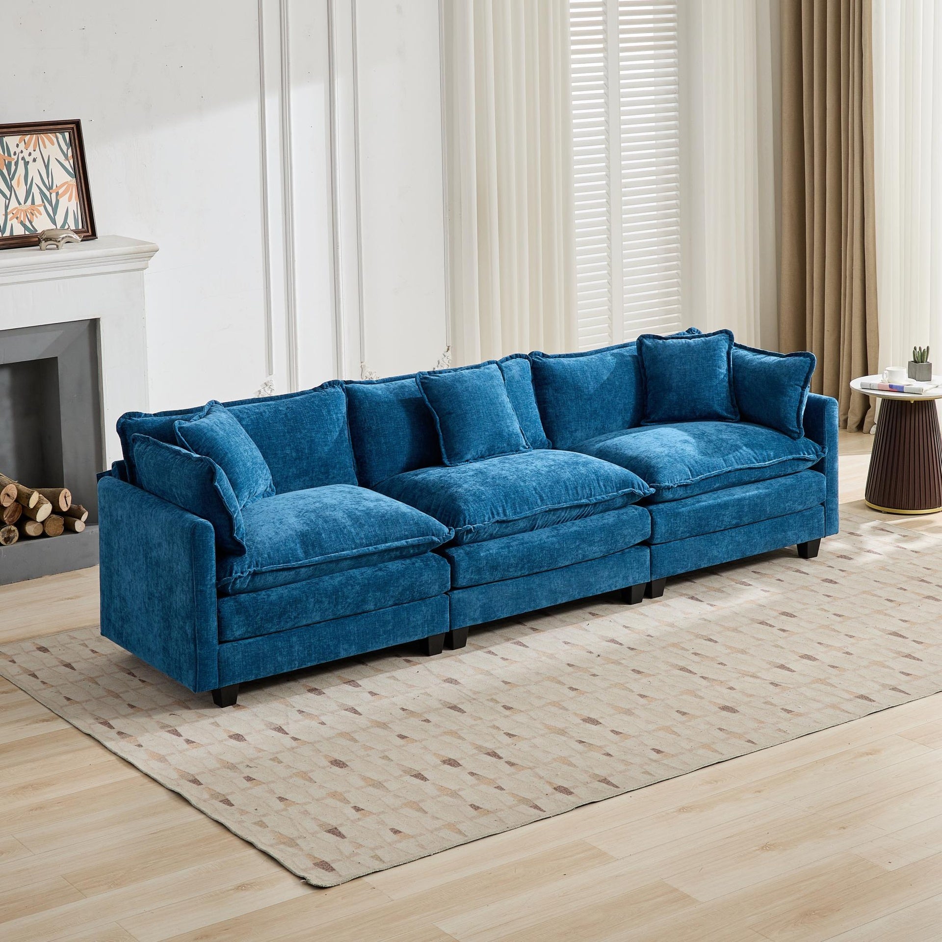 Cloud Sofa 3 Seats (Ottoman is not included), Modern Sectional Couch, for Living Room Bedroom and Apartment, Comfy Double Layer Upholstered Seat Cushion, Breathable Chenille Fabric,Blue,SW5013BL