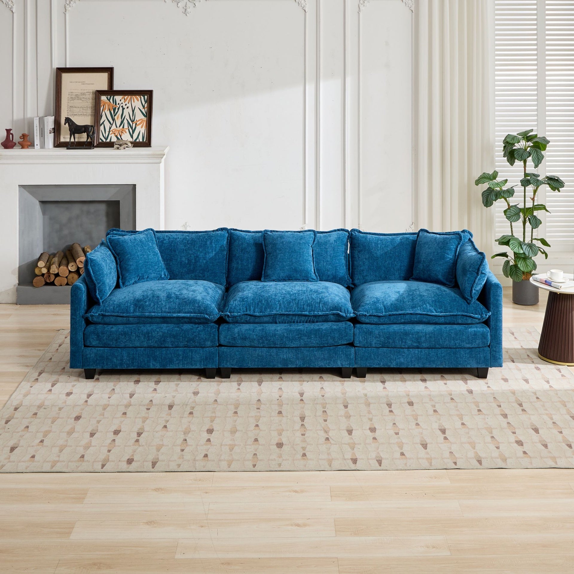 Cloud Sofa 3 Seats (Ottoman is not included), Modern Sectional Couch, for Living Room Bedroom and Apartment, Comfy Double Layer Upholstered Seat Cushion, Breathable Chenille Fabric,Blue,SW5013BL