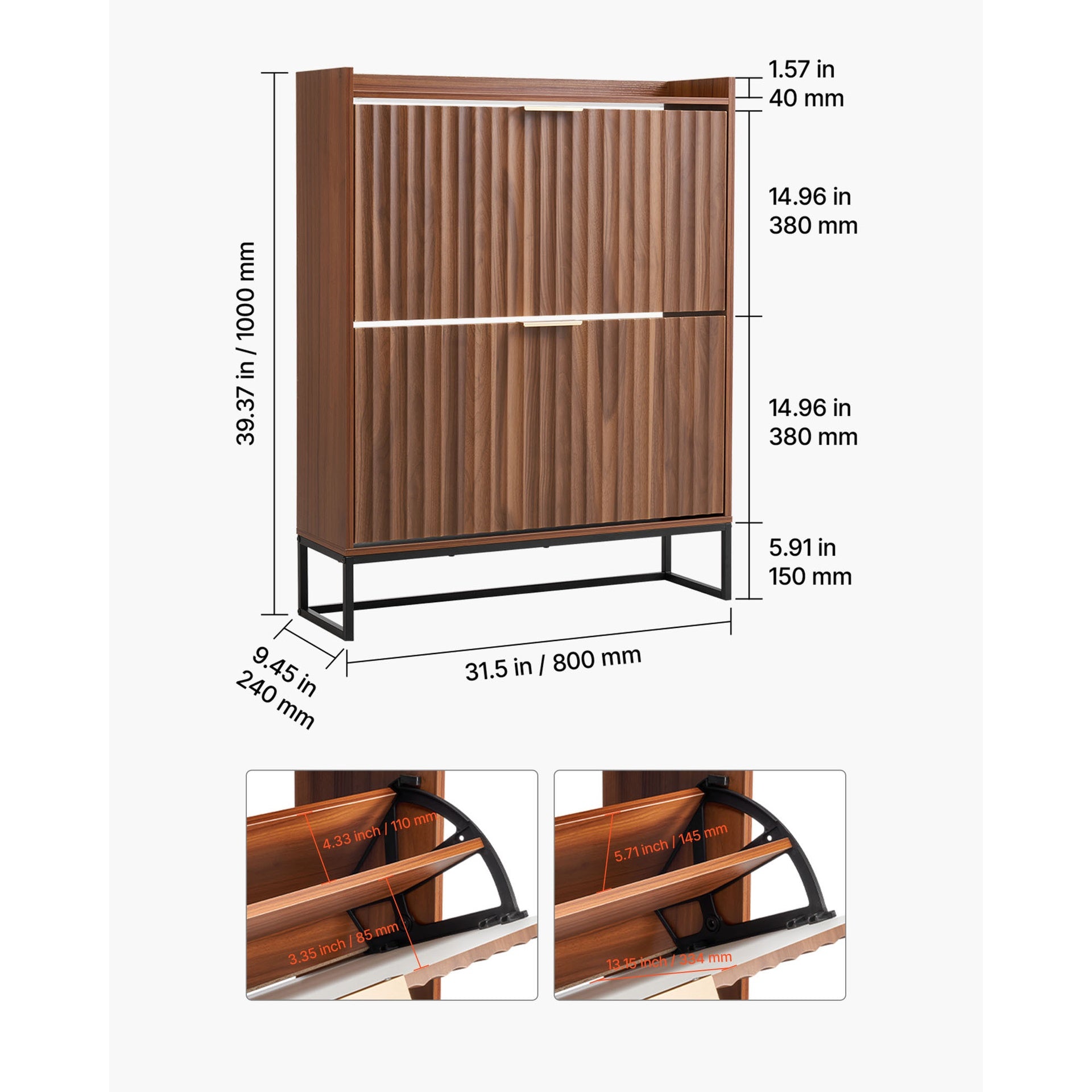 Shoe Cabinet with 2 Flip Drawers, Mid-Century Shoes Storage Cabinet with Anti-Tipping Device, Freestanding Fluted Shoe Organizer, Ideal for Entrance, Hallway, Bedroom, Living Room, Walnut