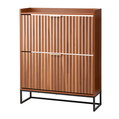 Shoe Cabinet with 2 Flip Drawers, Mid-Century Shoes Storage Cabinet with Anti-Tipping Device, Freestanding Fluted Shoe Organizer, Ideal for Entrance, Hallway, Bedroom, Living Room, Walnut
