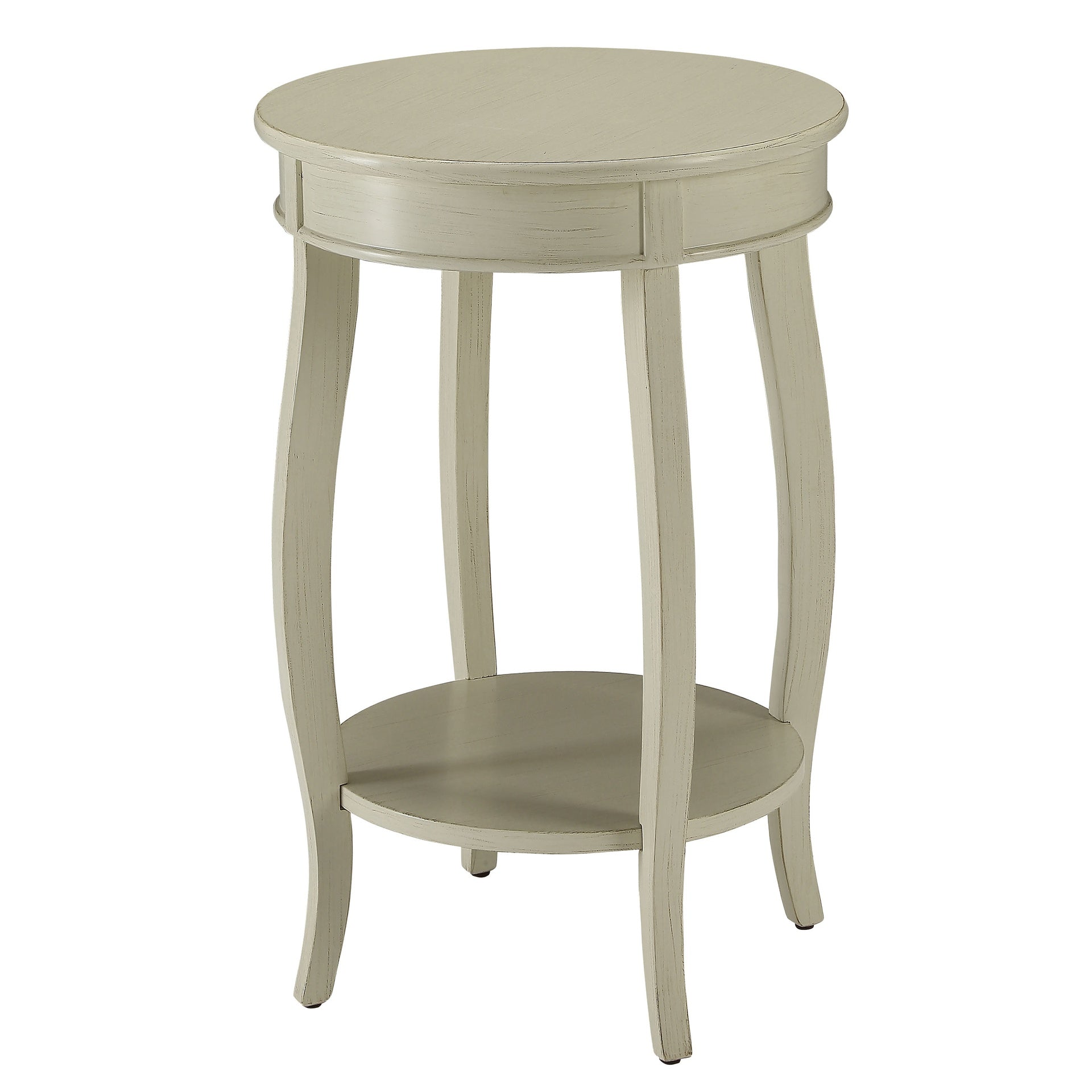 Antique White Round Side Table with Bottom Shelf