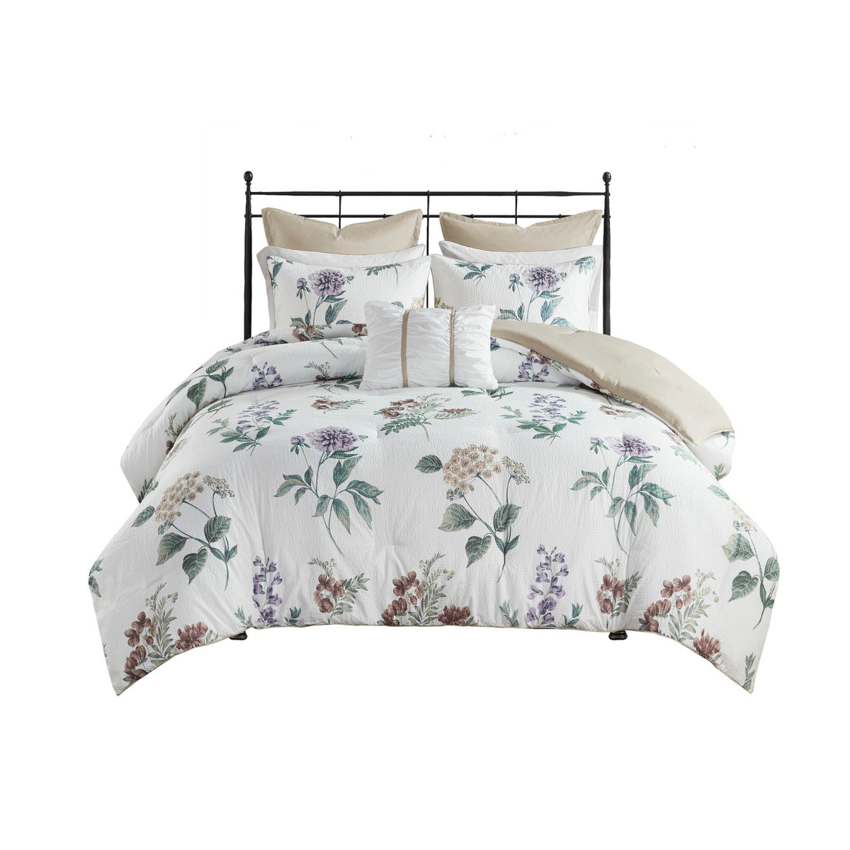 7 Piece Printed Seersucker Comforter Set with Throw Blanket Taupe/Blush King/Cal King