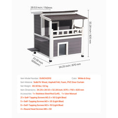 Insulated Cat House, 2-Story Wooden Cat Shelter, Foam Insulation, Feral Kitty Shelter with Balcony, Waterproof Cats Condos for Indoor & Outdoor 1-3 Cats in Winter 33 x 29.5 x 32 in