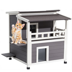 Insulated Cat House, 2-Story Wooden Cat Shelter, Foam Insulation, Feral Kitty Shelter with Balcony, Waterproof Cats Condos for Indoor & Outdoor 1-3 Cats in Winter 33 x 29.5 x 32 in
