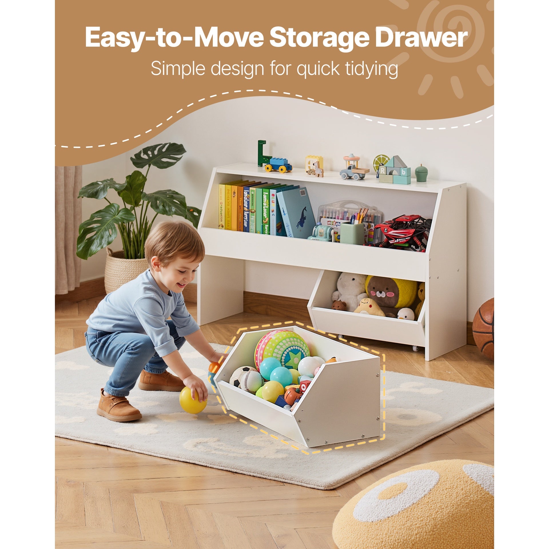 Toy Storage Organizer, Wooden Kids Bookshelf with Storage, Toy Storage Cabinet with 2 Mobile Drawers, Kids Storage Organizer for Bedroom, Nursery, Living Room, Entryway, Preschool, White