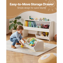Toy Storage Organizer, Wooden Kids Bookshelf with Storage, Toy Storage Cabinet with 2 Mobile Drawers, Kids Storage Organizer for Bedroom, Nursery, Living Room, Entryway, Preschool, White