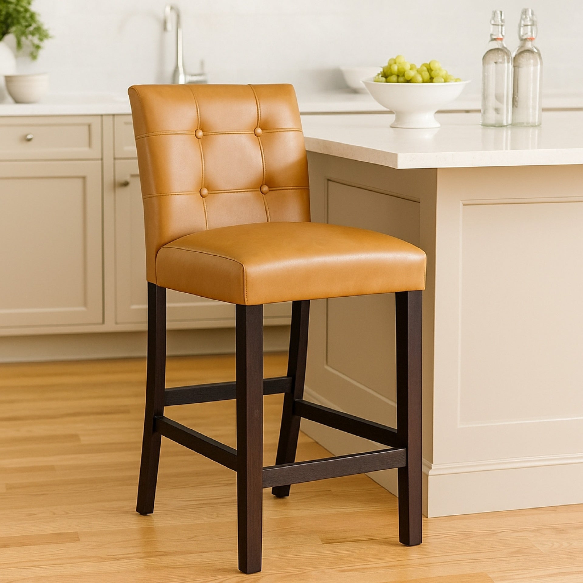 Popa Counter Stool Chair Set of 2, Brown Faux Leather, Tufted Back