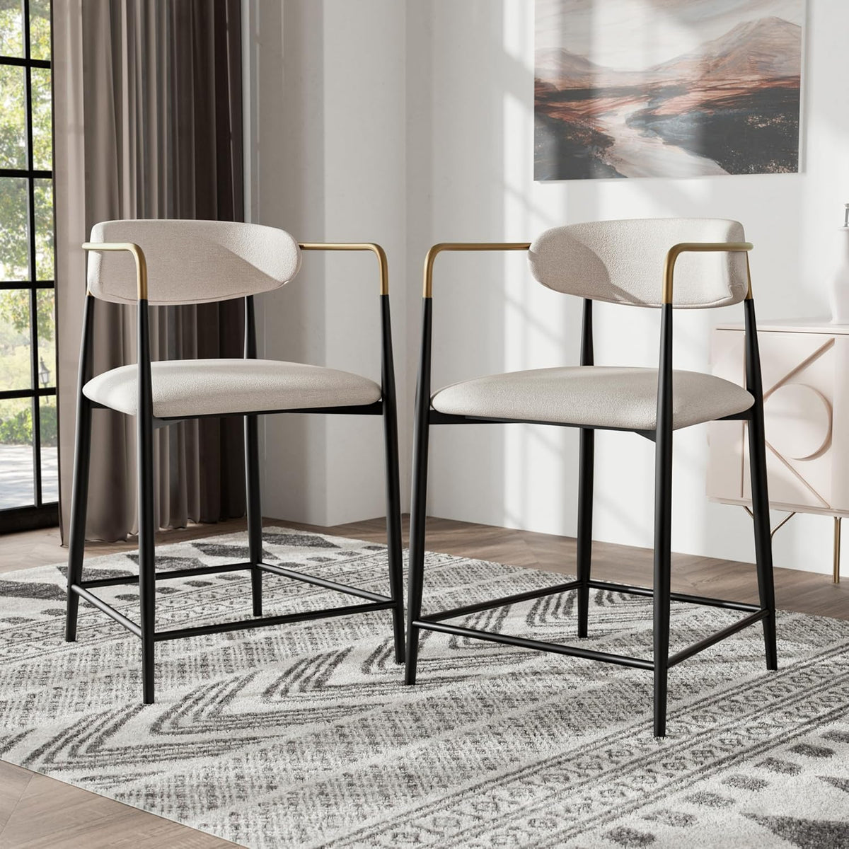 Contemporary Style 2pc Counter Height Chair Metal Legs Gold Curved Arms Gold Black White Finish Dining Room