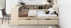 Wood Full Size Platform Bed with Storage Shelves, Drawers, Charging Station and Upholstered Headboard, Cream