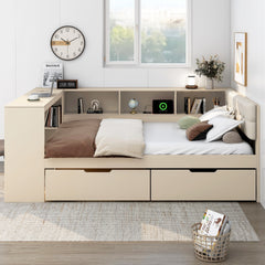 Wood Full Size Platform Bed with Storage Shelves, Drawers, Charging Station and Upholstered Headboard, Cream