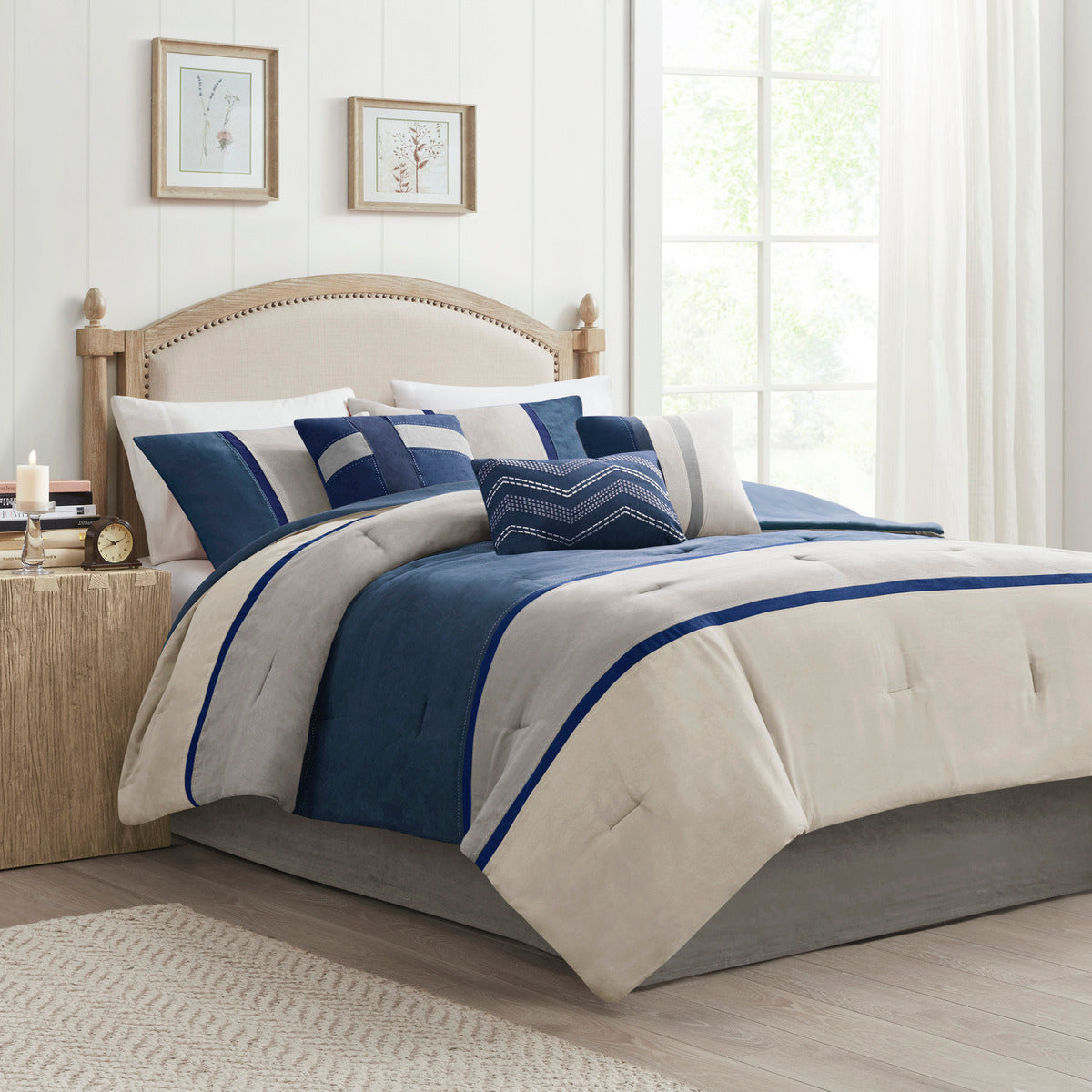 7 Piece Faux Suede Comforter Set Blue Cal King