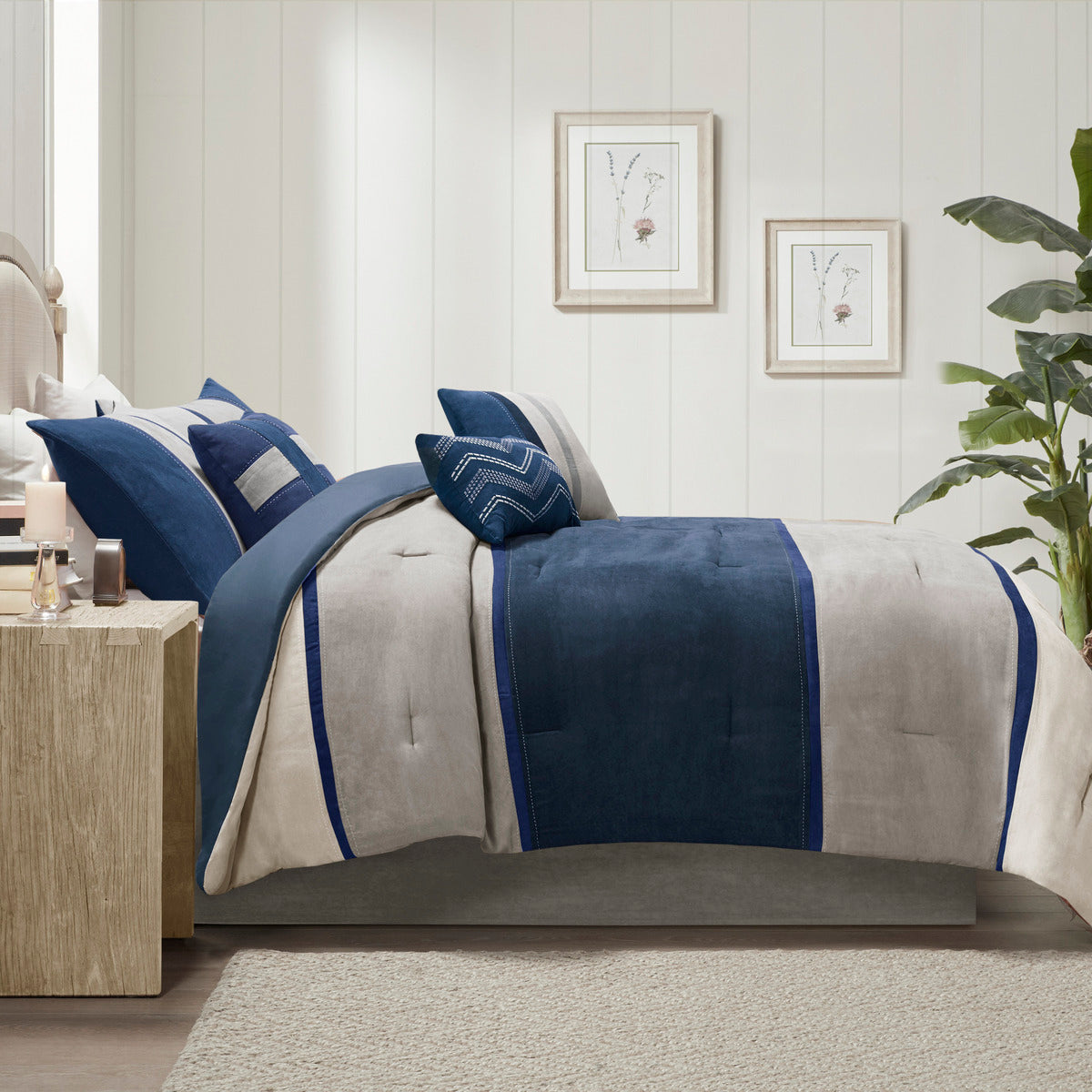 7 Piece Faux Suede Comforter Set Blue Cal King
