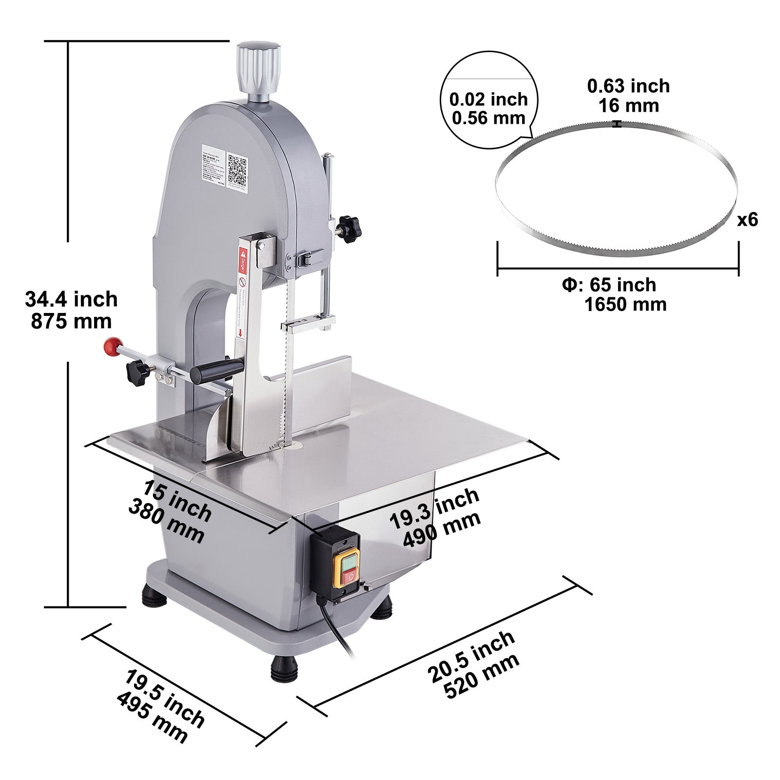 Commercial Electric Meat Bandsaw, 1500W Stainless Steel Countertop Bone Sawing Machine, Workbeach 19.3" x 15", 0.16-7.9 Inch Cutting Thickness, Frozen Meat Cutter with 6 Blades for Rib Pork Beef