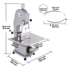 Commercial Electric Meat Bandsaw, 1500W Stainless Steel Countertop Bone Sawing Machine, Workbeach 19.3" x 15", 0.16-7.9 Inch Cutting Thickness, Frozen Meat Cutter with 6 Blades for Rib Pork Beef