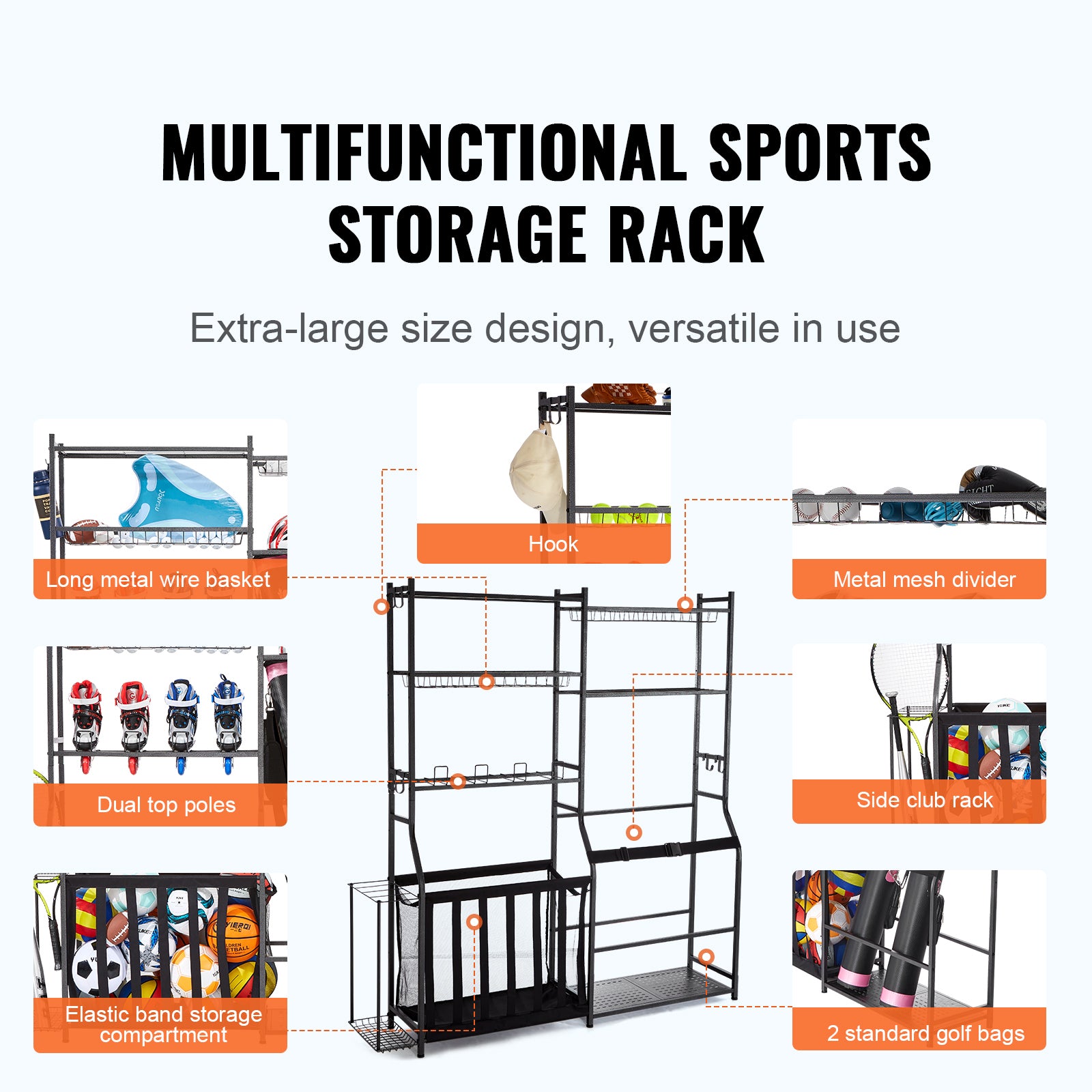 Golf Storage Garage Organizer, 2 Golf Bag Storage Stand Holder and Other Sports Equipment Storage Rack, Outdoor Steel Ball Cart, Sports Gear and Toys Storage Shelves with Baskets & Hooks, Black