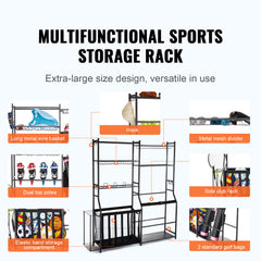Golf Storage Garage Organizer, 2 Golf Bag Storage Stand Holder and Other Sports Equipment Storage Rack, Outdoor Steel Ball Cart, Sports Gear and Toys Storage Shelves with Baskets & Hooks, Black