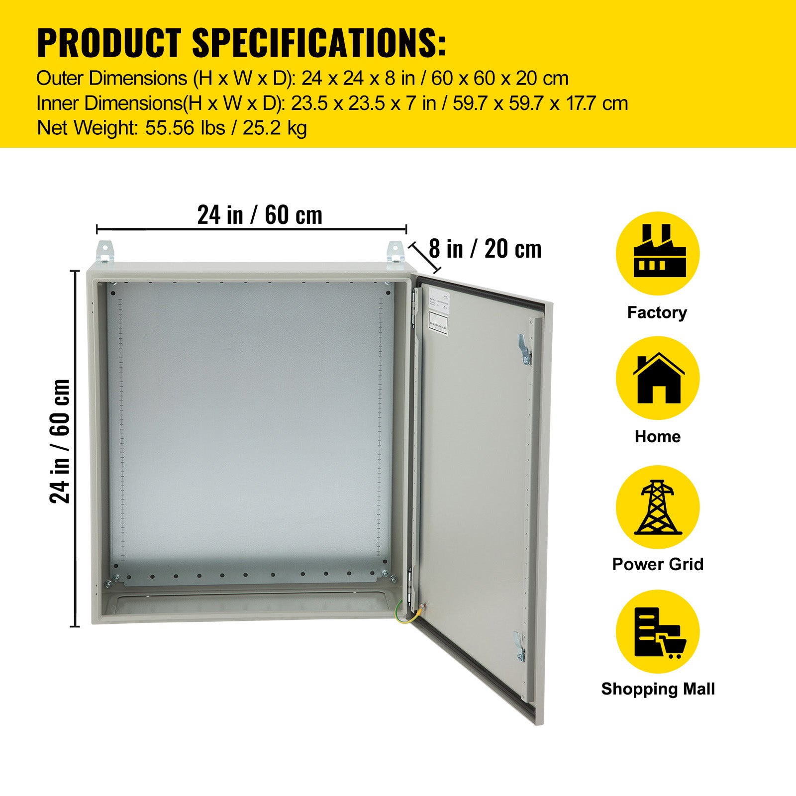 Electrical Enclosure, 24x24x8in, Tested to UL Standards NEMA 4 Outdoor Enclosure, IP65 Waterproof & Dustproof Cold-Rolled Carbon Steel Hinged Junction Box for Outdoor Indoor Use, with Rain Hood