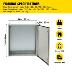Electrical Enclosure, 24x24x8in, Tested to UL Standards NEMA 4 Outdoor Enclosure, IP65 Waterproof & Dustproof Cold-Rolled Carbon Steel Hinged Junction Box for Outdoor Indoor Use, with Rain Hood